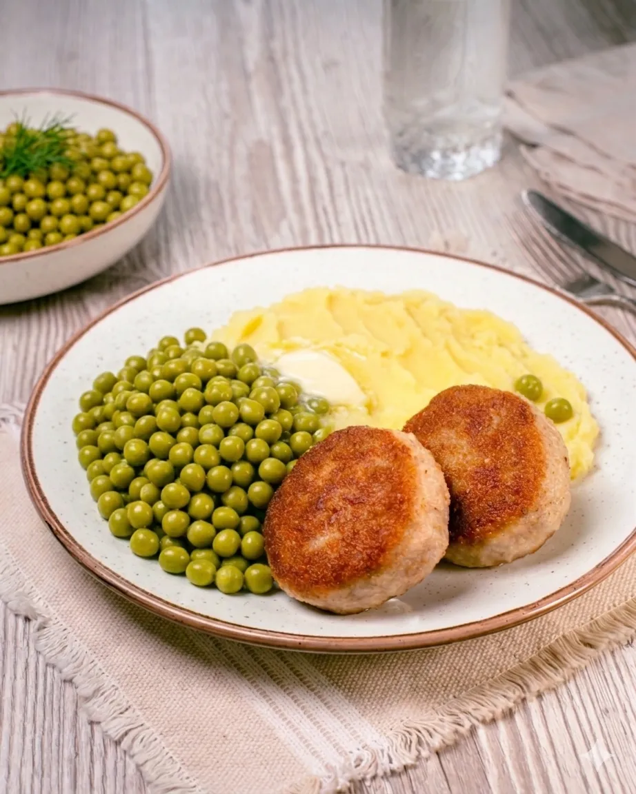 Chicken & Pork Cutlets with Creamy Mashed Potatoes & Green Peas